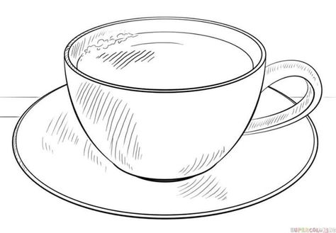 How To Draw A Tea Cup Step By Step, How To Draw A Cup, Cup Of Tea Drawing, Drawing Cup, Tea Cup Drawing, Croquis Cafe, Cup Drawing, Plate Drawing, Drawing Tutorials For Kids