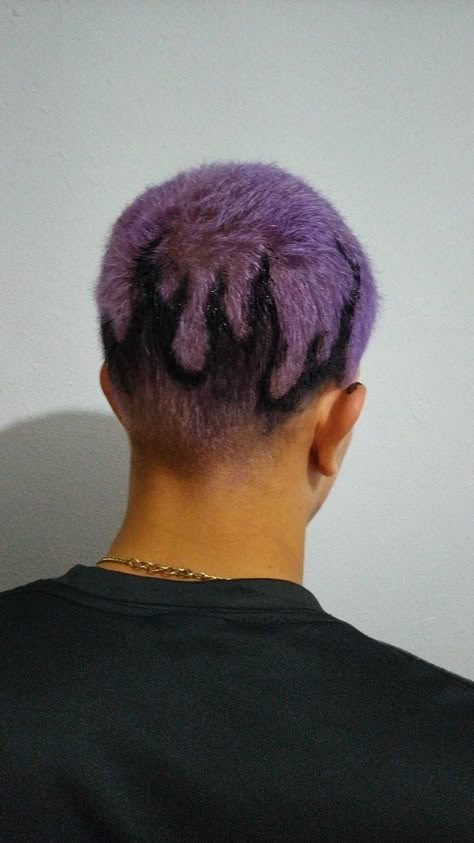 Buzzed Hair Color Design, Purple Buzzcut Men, Dark Purple Hair Men, Purple Buzzcut, Dyed Buzzcut Men, Buzzed Hair Dye Designs, Purple Hair Men, Buzz Cut Hair Dye Designs, Dyed Buzzcut