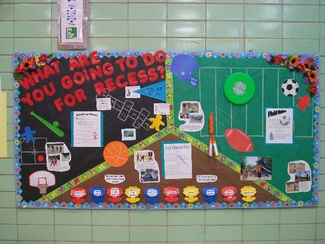 Recess Bulletin Board Ideas, Recess Bulletin Board, Physical Education Bulletin Boards Gym, Interactive Bulletin Board Ideas, Sports Bulletin Boards, Pe Classroom, Physical Education Bulletin Boards, Pe Bulletin Boards, Pe Board