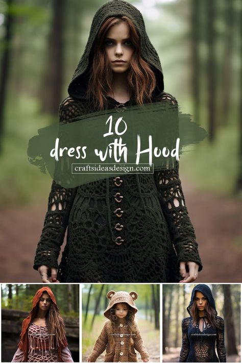 Embrace a dark and mysterious aesthetic with this gothic-inspired crochet tunic dress. Crochet Sweater Dress Pattern Free, Crochet Boho Sweater, Dress With A Hood, Crochet Coat Pattern, Sweater Dress Pattern, Crochet Tunic Dress, Hood Ideas, Crochet Sweater Dress, Crochet Dress Pattern Free