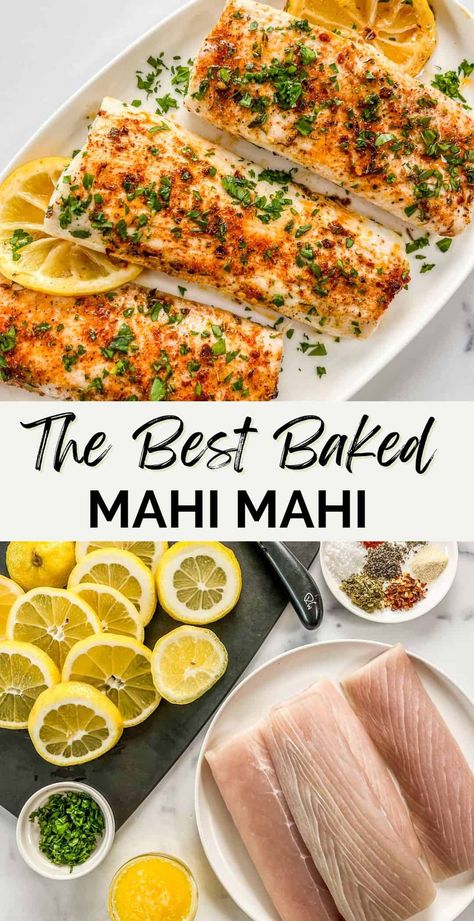 If you love the mild taste of white fish, you'll love this easy, baked mahi mahi recipe. You'll get a delicious fish that comes together in about 20 minutes! Curry Mahi Mahi Recipes, Mayo Baked Fish, Bake Mahi Mahi Oven, How To Bake Mahi Mahi In The Oven, Thanksgiving Fish Recipes, Recipes For Mahi Mahi Fish, Maui Fish Recipes, Mahi Mahi Side Dishes, Mai Mai Fish Recipes