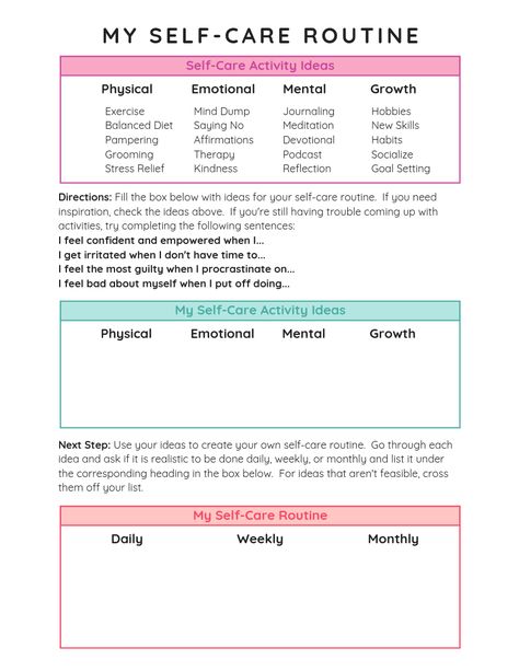 Self-care routine worksheet. A free printable worksheet to help you create a self care routine. Self care ideas for your body and mind that you can turn into a daily, weekly, and monthly self care routine. #printables #selfcare #selflove #freeprintable #selfcareroutine #selfcareroutineworksheet #selfcareworksheet Daily Self Care Routine Template, Creating A Self Care Routine, Self Care Monthly Routine, Self Care Categories, Self Care Action Plan, Creating A Daily Routine, Self Care Worksheet Free Printable, Self Care Check In, Wellbeing Worksheet