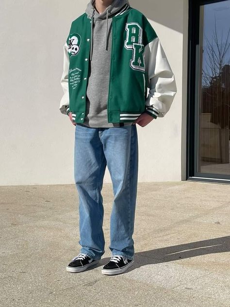 Letterman Jacket Outfit Men, Outfit With Vans, Letterman Jacket Outfit, Jacket Outfit Men, Jacket Aesthetic, Varsity Jacket Outfit, Aesthetic Image, Men Lifestyle, Aesthetic Boy