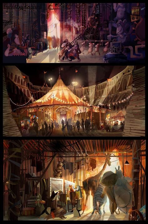 by Lindsey Olivares for Dreamworks Fantasy Circus Art, Carnival Concept Art, Circus Interior, Fantasy Circus, Stage Concept, Circus Aesthetic, Dark Circus, Night Circus, Rpg Map