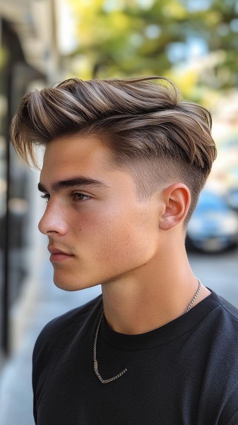 Comb Over Haircut Men Hair Color Ideas For Men Highlights, Boys Hair Highlights, Men Hair Color Highlights, Copper Peach Hair, Copper Rose Gold Hair, Comb Over Haircut Men, Haircut For Boys, Peach Hair Color, Boys Colored Hair