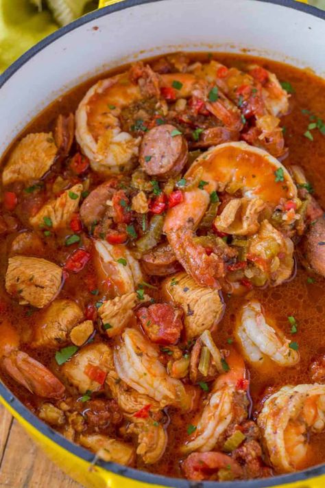 Easy Jambalaya made with Chicken, Shrimp and Andouille Sausage in under 45 minutes. Served over rice or rice cooked with the jambalaya for one pot meal. | #jambalaya #cajun #cajunrecipes #dinnerthendesert #onepot #easyrecipes #stew #shrimp #sausage #chicken #dinner #weeknight #quickrecipes Cajun Jambalaya Recipe, Easy Jambalaya, Recipe With Shrimp, Gumbo Recipe Easy, Jambalaya Recipe Easy, Slow Cooker Jambalaya, Seafood Gumbo Recipe, Cajun Jambalaya, Shrimp And Sausage