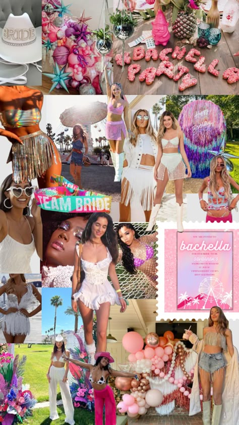 Coachella Theme Hens Party, Henchella Ideas, Bachelorette Party Cochella, Cochella Theme Outfit, Bachella Theme Party, Coachella Bday Party, Music Festival Bachelorette, Bachella Bachelorette Party, Bridechella Bachelorette