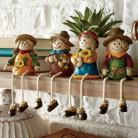 Set of 4 Scarecrow Shelf Sitters | Montgomery Ward Country Door, Fall Deco, Clay Pot Crafts, Decor Figurines, Seasonal Home Decor, Shelf Sitter, Scarecrow, Christmas Snowman, Fall Colors