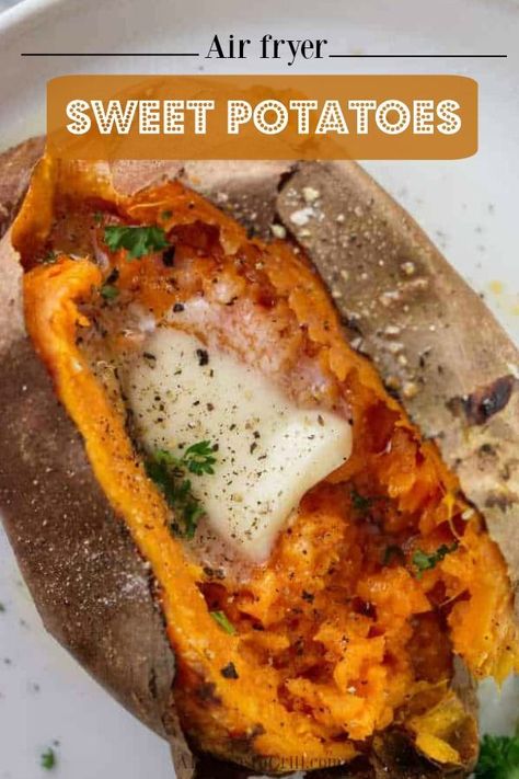 An air fryer baked sweet potato is easy to make and you don’t have to turn your large oven on for a small job. The air fryer cooks the sweet potatoes perfectly Air Fryer Sweet Potatoes, Potatoes In The Air Fryer, Sweet Potato Recipes Baked, Sweet Potato Recipe, Cooking Sweet Potatoes, Filling Dinner, Large Oven, Air Fryer Healthy, Potato Recipe