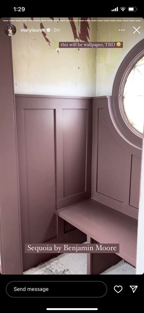 Purple Mudroom, Purple Wainscoting Bedroom, Moody Plum Bathroom, Laundry Room Purple, Mink Violet Benjamin Moore, Dusty Purple Bathroom, Moody Mauve Bathroom, Purple Bathroom Cabinets, Purple Bathroom Walls