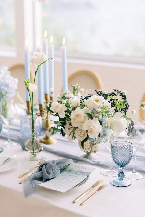 R + J | TML | Tabea Maria-Lisa | Floral Designer Blue Taper Candles Wedding, Blue White And Gold Wedding, Park Hotel Vitznau, Marquee Wedding Decoration, Taper Candles Wedding, Blue Taper Candles, Sea Glass Wedding, Lake Lucerne, Table Arrangements Wedding