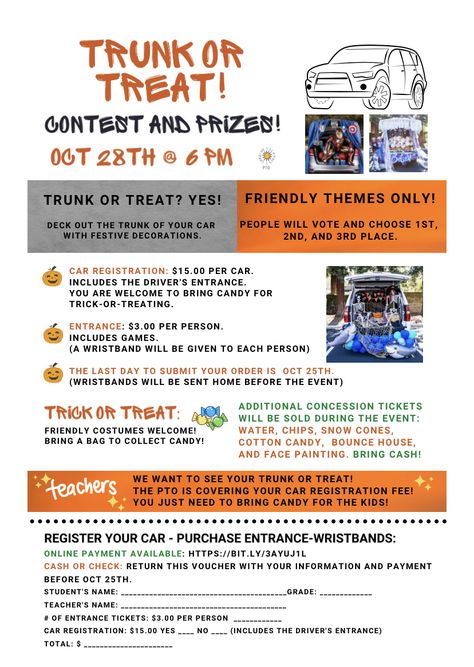 Trunk Or Treat Registration Form, Community Trunk Or Treat, Trunk Or Treat Festival Ideas, How To Plan A Trunk Or Treat, Pta Halloween Ideas, Student Council Halloween Ideas, Pto Trunk Or Treat Ideas, Trunk Or Treat School Event, Trunk Or Treat Planning Ideas