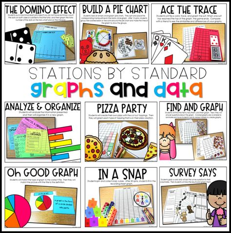 Engaging, hands-on, interactive, math stations on graphs and data. Help your students with analyzing, naming, & reading graphs, analyzing & organizing data, tally charts, bar graphs, picture graphs, pictographs, real object graphs, charts, and building a graph with these math centers. These math station ideas and math games on graphs and data, graphing are perfect for kindergarten, first grade, and second grade.  Read "Math Stations by Standard" at www.tunstallsteachingtidbits.com Pictographs Activities, Second Grade Ideas, Data Activities, Graphing First Grade, Interactive Math Games, Maths Centres, Bar Graphs Activities, Reading Graphs, Data Handling