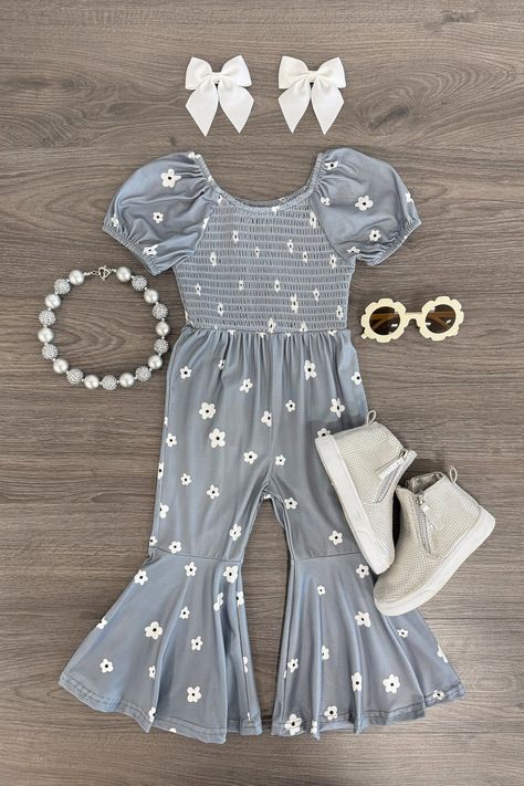 Gray Floral Bell Bottom Jumpsuit Girls Clothes, Bell Bottom Jumpsuits, Trendy Bows, Sparkle In Pink, Flare Jumpsuit, Floral Print Rompers, Kids Boutique Clothing, Baby Kids Clothes, Printed Rompers