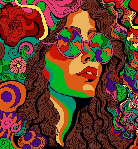 70s Art Aesthetic, Neurodiversity Poster, Hippie Art Ideas Simple, Hippie Pfp, Cool Hippie Art, Hippie Illustration, Artsy Woman, Hippie Painting Ideas, Hippie Drawing