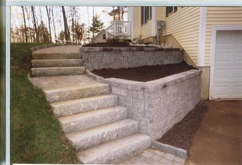 Granite Steps, Retaining Wall Steps, Backyard Retaining Walls, Rustic Fire Pits, Modern Fire Pit, Sloped Backyard, Landscaping Retaining Walls, Garden Stairs, Outdoor Steps