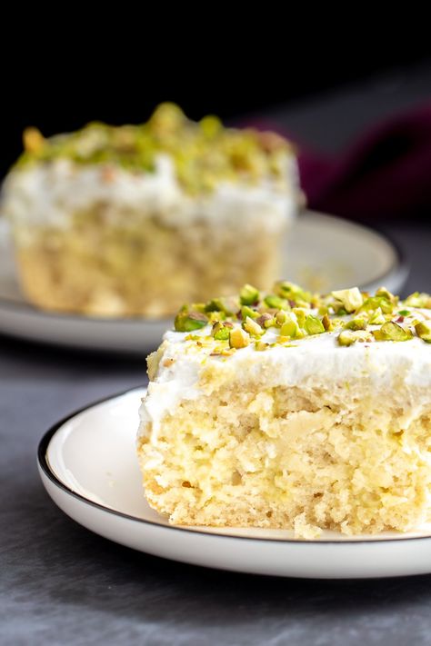 Rasmalai Tres Leches Cake (Vegan) - Vegan Richa Chai Tres Leches Cake, Summer Vegan Dessert, Vegan Indian Dessert Recipes, Fancy Vegan Desserts, Pistachio Tres Leches Cake, Rasmalai Tres Leches, Vegan Tres Leches Cake, Vegan Indian Dessert, Chai Cart