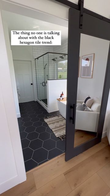 Hexagon Bathroom Mirror, Hexagon Floor Bathroom, Black Hexagon Bathroom Floor, Black Hexagon Tile Bathroom Floor, Black Hexagon Bathroom, Bathroom Hexagon Tile, Black Hexagon Tile Bathroom, Hexagon Bathroom Floor, Hexagon Tile Bathroom Floor