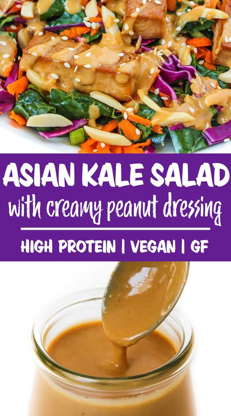 Asian-Style Kale Tofu Salad with Peanut Dressing Salad With Tofu Recipes, Salads With Tofu, Tofu Salad Dressing, Asian Kale, Tofu Salad Recipes, Kale Salad Dressing, Garden Grazer, Salad With Peanut Dressing, Tofu Recipes Vegan