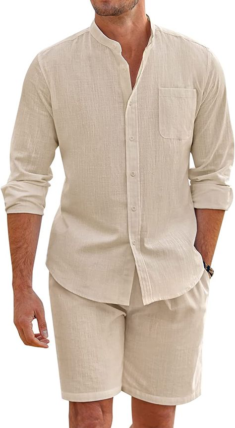 2 Piece Button Down Shirt Long Sleeve And Casual Beach Drawstring Waist Shorts Summer Outfits. Mens Linen Outfits, Mens Linen Shorts, Beach Suit, White Linen Shirt, Summer Shorts Outfits, Drawstring Waist Shorts, Shorts Summer, Linen Set, Designer Shorts