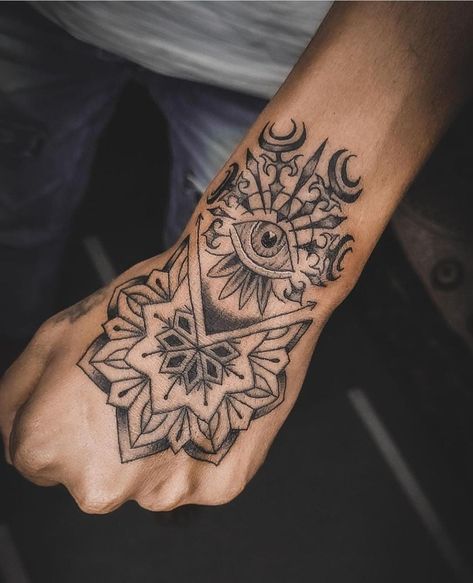 Palm Tattoo Men Hands, Tattoo Designs Men Small Hand, Boys Tattoo Hand, Hand Tattoos For Guys Men, Boys Hand Tattoo, Geometric Tattoo Hand, Hand Mandala, Alchemy Tattoo, Crown Silhouette