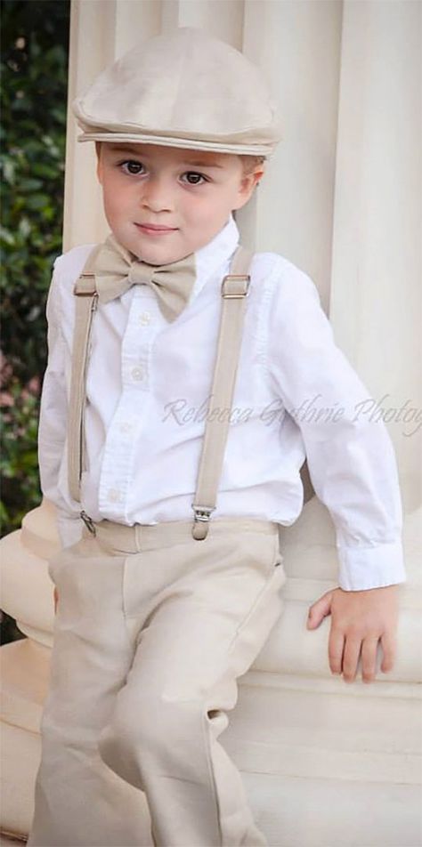 Cute and sophisticated country suspenders and bowtie complete this ring bearer's look. Scroll to number 8 on the page. Dresses Flowers, Ring Bearer Flower Girl, Bearer Outfit, Bowtie And Suspenders, Ring Bearer Outfit, Fashion Boy, Suspenders Set, Gatsby Party, Wedding Vibes