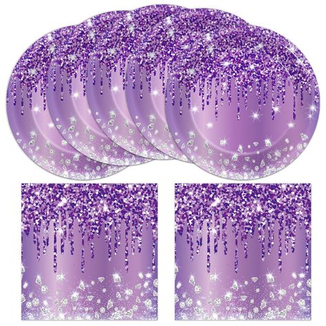 PRICES MAY VARY. Package contains: This pack comes with 25 pcs 7 inch purple and silver birthday party plates and 25 pcs 6.5 inch purple silver party napkins, sufficiency quantity to satisfy your various party needs. Reliable material: The purple silver tableware set is made of quality paper, no smell and fade-resistant, purple birthday party plates are sturdy while diamonds purple napkins are soft and absorbent. diamonds and purple foil patterns, dreamy and eye-catching, which leave a deep impr Silver Purple Birthday Theme, Purple N Silver Party, Purple Birthday Party Theme, Purple And Silver Butterfly Birthday, Purple And Silver Birthday Invitations, Sweet 16 Invitations Purple And Silver, Diamonds Purple, 50 Shades Of Purple Birthday Party Invitations, Purple Napkins