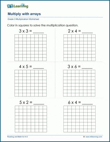 Multiply with arrays worksheets.  Students can visualize multiplication equations by representing them as an array of objects or boxes; each row represents a group of like objects.  In these worksheets, students solve multiplication questions using arrays.  Free worksheets from K5 Learning; no login required. Array Activity For 2nd Grade, Arrays Worksheet, Array Activities 3rd, Arrays 2nd Grade Repeated Addition, Array Multiplication Worksheet, Arrays Multiplication, Fraction Multiplication, Array Math, Multiplication Questions