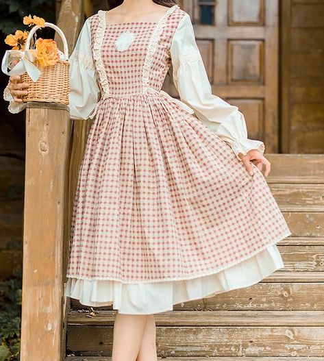 Vintage Cottagecore Dress Casual, Cheap Plaid Ruffled Dress For Picnic, Cheap Vintage Style Dresses For Picnic, Cheap Cotton Cottagecore Dresses, Fall Cottage Dress, Cheap Vintage Dresses For Picnics, Cottagcore Dresses, Bakery Outfit, Cute Cottagecore Outfits