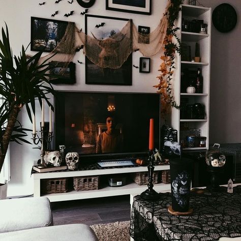 Living Room Ideas Gothic, Witchy Tv Stand Decor, Gothic Apartment Decor Living Room, Gothic Tv Room, Apartment Gothic Decor, Gothic Tv Stand Decor, Gothic Home Decor Kitchen, Dark Halloween Aesthetic Decor, Gothic Whimsy Decor