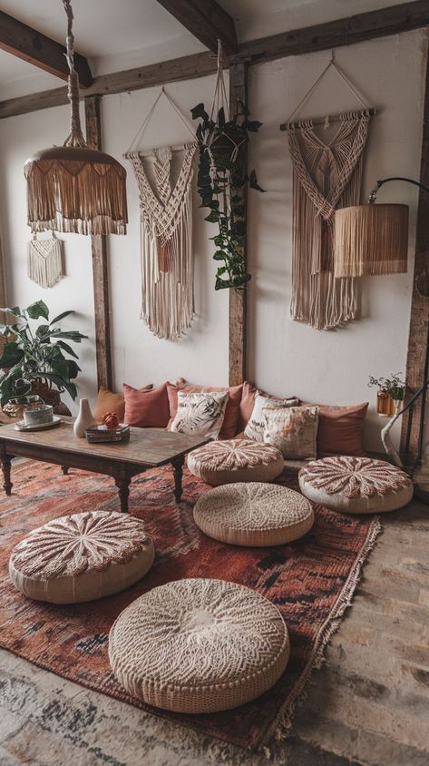 Elevate your living room’s comfort with these 18 boho must-haves! From oversized cushions and macramé wall hangings to vintage rugs and hanging plants, create the ultimate cozy boho aesthetic for your home. Boho Home Aesthetic, Rustic Living Room Ideas, Living Room Design Styles, Cozy Boho Living Room, Boho Lounge, Cozy Boho, Natural Aesthetic, Boho Aesthetic, Rustic Living