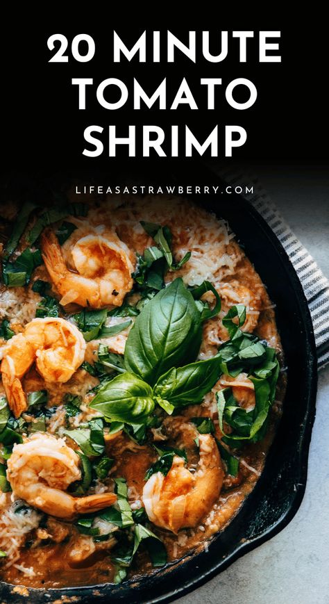 This easy shrimp recipe is ready in just 20 minutes in a skillet on the stovetop! Start by sauteeing some peeled, deveined shrimp or prawns with a bit of onion and garlic, then build a quick tomato sauce with plenty of fresh spinach and basil. The easiest dinner recipe - ready in no time and perfect with pasta, toasted sourdough, or a quick side salad! Tomato Basil Shrimp, Basil Shrimp, Longevity Diet, Shrimp Boat, Mediterranean Lifestyle, Easy Seafood, Supper Ideas, Pan Dinners, Easy Seafood Recipes