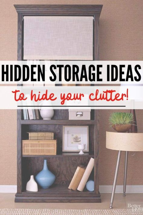 How To Hide Bookshelf Clutter, How To Hide Clutter On Shelves, Hide Bookshelf Clutter, How To Hide Storage Totes, Hiding Clutter Ideas, Hiding Storage, Clutter Hacks, Diy Hidden Storage Ideas, Hidden Storage Ideas