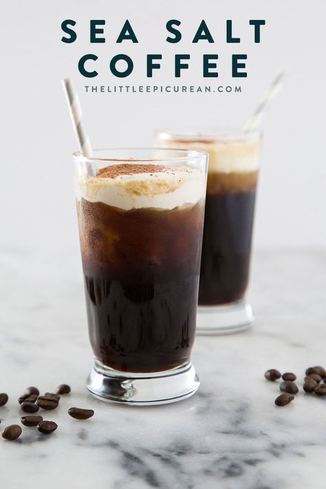 Sea Salt Cream Coffee. Popular coffee drink featuring sweetened black coffee topped with sea salt cream. #coffee #coffeedrink #icedcoffee Vanilla Sweet Cream Recipe, Cold Foam Cold Brew, Diy Cold Brew Coffee, Sweet Coffee Drinks, Homemade Cold Brew Coffee, Coffee Punch, Cream Cold Foam, Cold Brew Coffee Recipe, Starbucks Vanilla