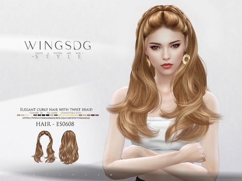 The Sims Resource - WINGS-ES0608-Elegant curly hair with twist braid Sims 4 Wings Hair, Sims 4 Cc Messy Hair, Elegant Curly Hair, Sims 4 Best Mods, Mod For Sims 4, Flowy Hair, Sims Love, Cc Hair, Cc Furniture