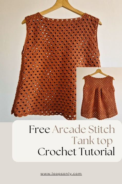 Adding Crochet To Clothes T Shirts, Crochet Boho Tank Top Free Pattern, Easy Crochet Tank Top Pattern Free, Crochet Shirt Ideas, Summer Crochet Tops Free Patterns, Arcade Stitch Crochet, Crochet Tank Top Free Pattern, Granny Square Tank Top, Arcade Stitch