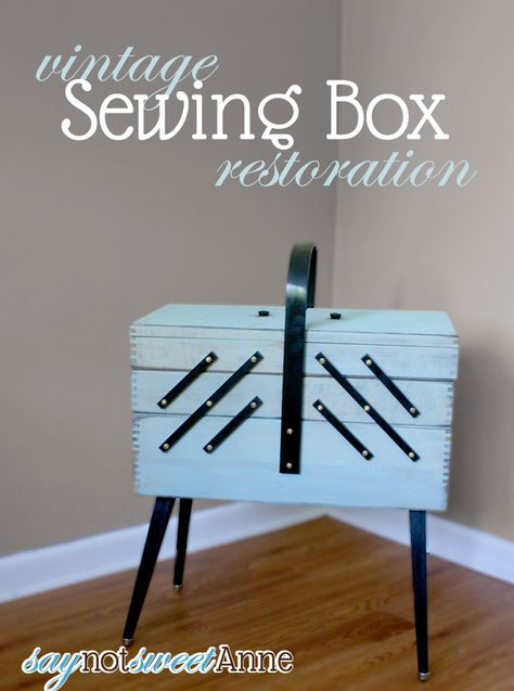 #Vintage Sewing Box #Makeover by @saynotsweetanne Wooden Sewing Box, Vintage Sewing Box, Sewing Room Organization, Trendy Sewing, Sewing Baskets, Sewing Box, Sewing Rooms, Craft Organization, Sewing Supplies