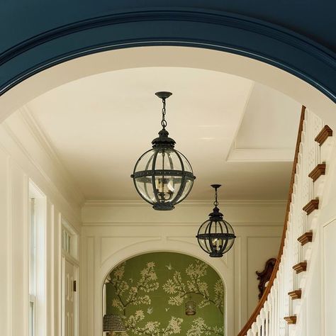 Arch Hallway, Modern Maximalist, Color Lessons, Hallway Entrance, Navy Walls, Chinoiserie Wall, Hallway Design, Chinoiserie Wallpaper, Entrance Design