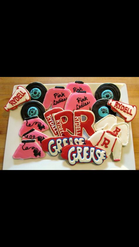 Grease Cookies Grease Themed Cupcakes, Grease Cookies Decorated, Grease Cookies, 50th Birthday Cookies, 1950s Theme Party, Grease Themed Parties, Grease Theme, Grease Party, 50s Theme Parties