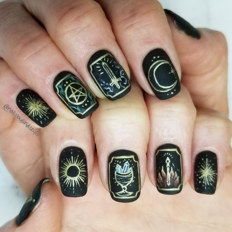 Tarot card nail art handpainted by @nailsbylindseylu Symbol Nails, Tarot Nails, Card Nail Art, Card Nails, Sharp Claws, Witchy Nails, Mens Nails, Gothic Nails, Nails Stiletto