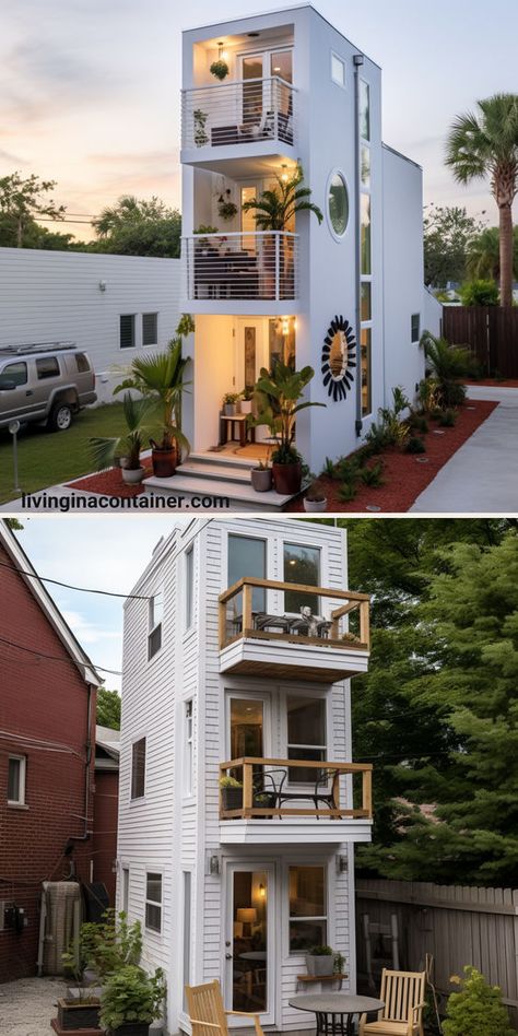 Vertical Tiny House, 3 Story Shipping Container Home, Vertical Shipping Container Home, 3 Story Container House, Container Apartment Building, Vertical House Design, 3 Story Tiny House, Shipping Containers Homes, Container Homes Ideas Design