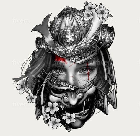 Create super artistic tattoo design in any style by Firefly_art | Fiverr Japanese Woman Tattoo Design, Japanese 3 Faces Tattoo, Onna Musha Tattoo, Hannya Mask Tattoo Woman, Hannya Mask Tattoo Design Black And Grey, Dragon Face Tattoo Design, Samurai Face Tattoo, Japanese Woman Tattoo, Hanya Mask Tattoo Design