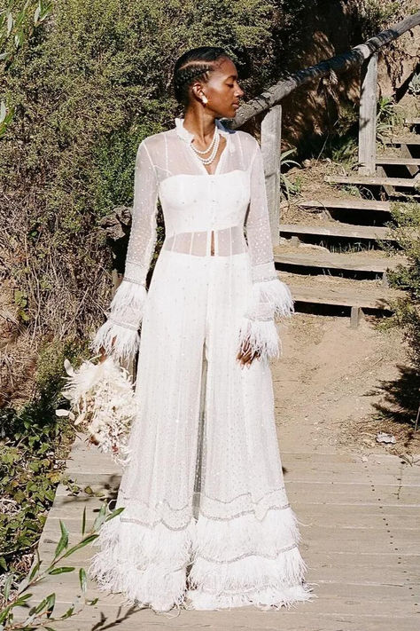 Read the full article via the link Wedding Pantsuit The Bride, Bridal Pants, Bridal Pantsuit, Vogue Bride, Wedding Pantsuit, Wedding Pants, Bianca Jagger, Alternative Wedding Dresses, Vogue Wedding