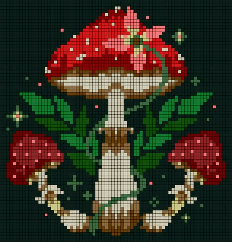 Free Mushroom Cross Stitch Patterns, Cottagecore Cross Stitch Pattern Free, Cottage Core Cross Stitch Pattern, Plant Cross Stitch Pattern Free, Mushroom Pixel Pattern, Plant Grid Pattern, Pixel Art For Cross Stitch, Mushroom Tapestry Crochet, Mushroom Pixel Art Grid