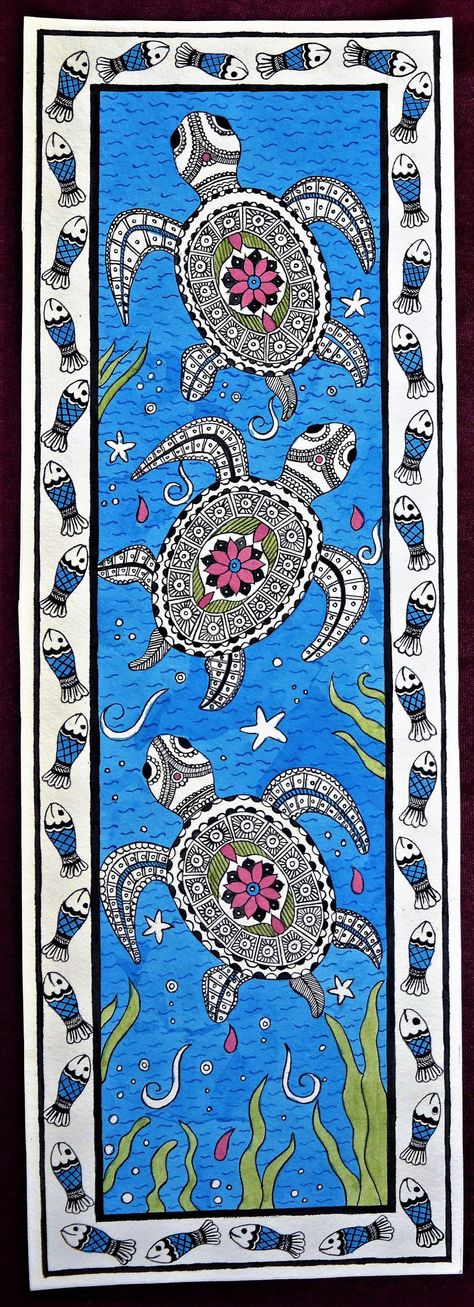 Madhubani painting turtle with fishes boarder on handmade | Etsy Small Madhubani Painting, Madhubani Paintings Traditional, Madhubani Patterns, Traditional Madhubani Art, Madhubani Paintings Peacock, Mandala Nature, Pichwai Art, Mandala Ideas, Gond Painting