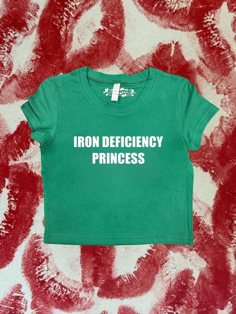 "Crop top with \"Iron Deficiency Princess\" - design printed on a 95% cotton 5% spandex, form fitting, available in multiple colors 💞 Make sure to check the size chart!✨ Message me with any questions :)  we do not give refunds for incorrect addresses so please double check that all your information is correct before ordering" Funny Shirt Sayings For Women, Crop Tops With Words, Etsy T Shirts, Slogan Tees Women, Funny Crop Tops, Princess Coquette, Clothing Coquette, Coquette Clothing, Coquette Top