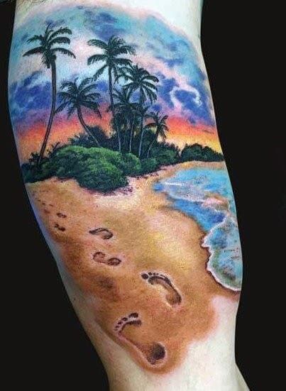 Footprints In The Sand Tropical Beach Tattoo For Men On Upper Arm Footprints In The Sand Tattoo, Scene Tattoo, Sunset Tattoos, Footprints In The Sand, Palm Tattoos, Tattoo Zeichnungen, Landscape Tattoo, Ocean Tattoos, Tattoo People