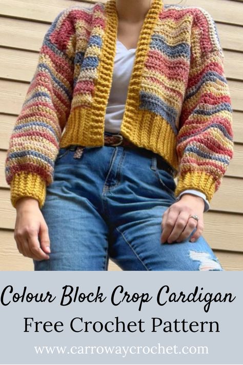 Model wearing a crop crochet cardigan in warm colour tones Crochet Scrap Cardigan Pattern, Crochet Colour Block Sweater, Crochet Chunky Cropped Cardigan, Crochet Woman Cardigan Free Pattern, Knit Crop Cardigan Pattern Free, 3 Color Crochet Cardigan, Crochet Patchwork Cardigan Free Pattern, Crochet Cardigan Stripes, Crochet Cardagin