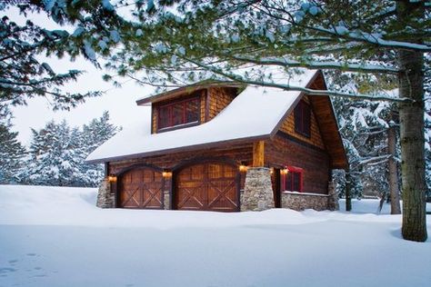 Carriage House - Lower Whitefish Lake - Winter - traditional - garage and shed - minneapolis - by Lands End Development - Designers & Builders Barn Style Garage, Log Home Interior, Plan Garage, Log Home Interiors, Log Home Designs, Garage Loft, Shed Dormer, Barn Garage, Garage Apartments