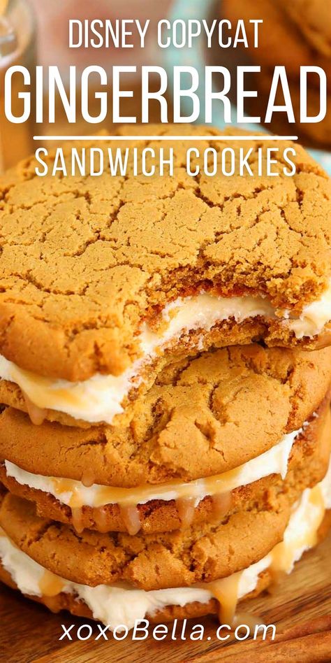 Disney Copycat Cookie Recipes, Gingerbread Crinkle Cookie Sandwiches, Buttercream Sandwich Cookies, Ginger Sandwich Cookies, Cheryl's Cookies Copycat, Disney Gingerbread Cookies, Disney World Recipes Copycat, Disney Christmas Recipes, Christmas Cookie Sandwiches